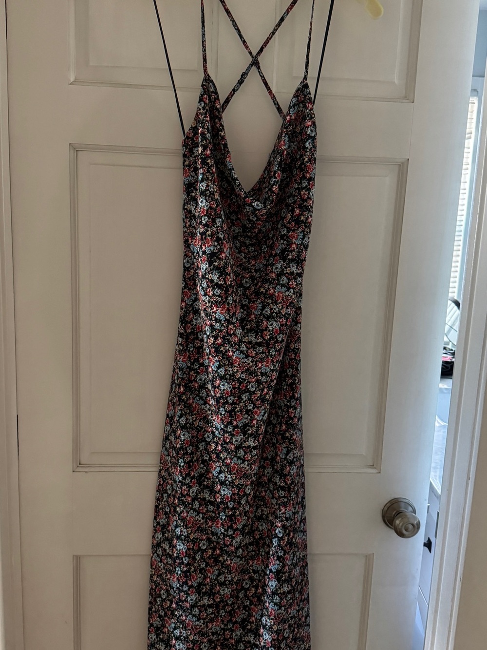 Floral Slip Maxi Dress in Black with Pink and Blue cowl neck